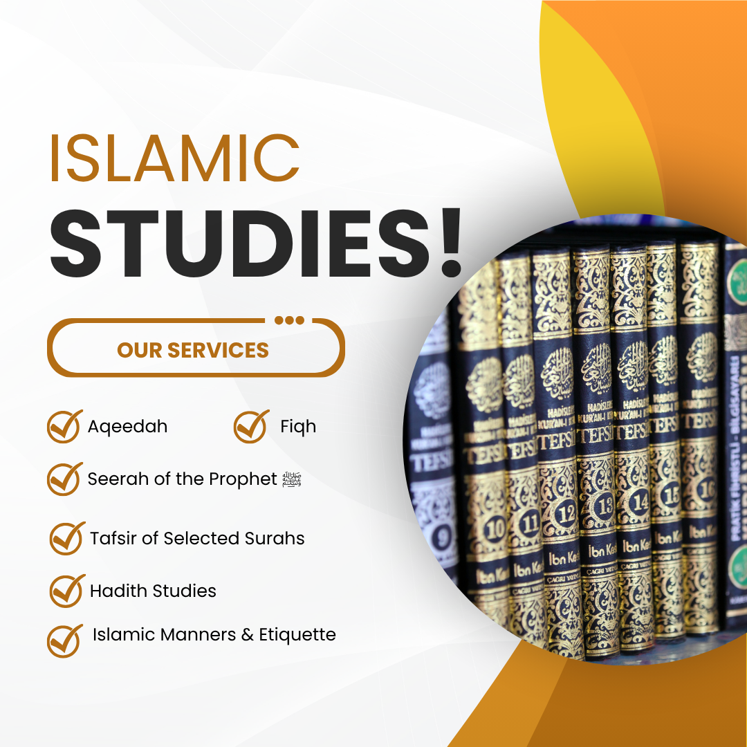 Islamic Studies course poster showing books of Tafsir and listed services including Aqeedah, Fiqh, Seerah, Tafsir, Hadith, and Islamic manners.