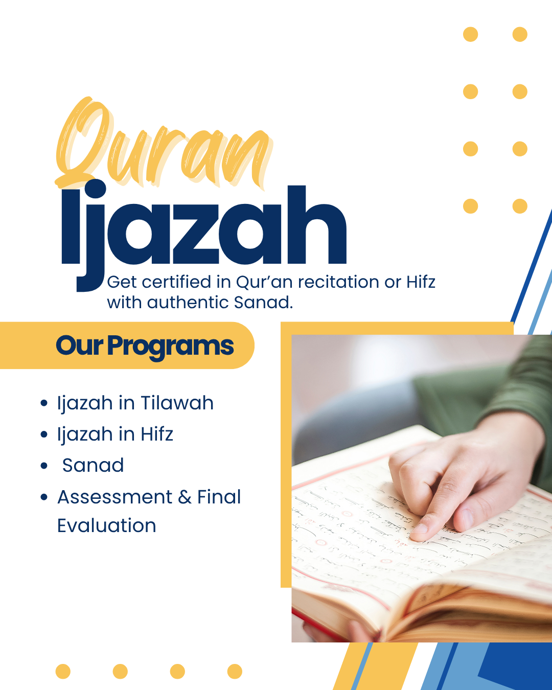 Student pointing at Quran page during Quran Ijazah course for authentic certification.
