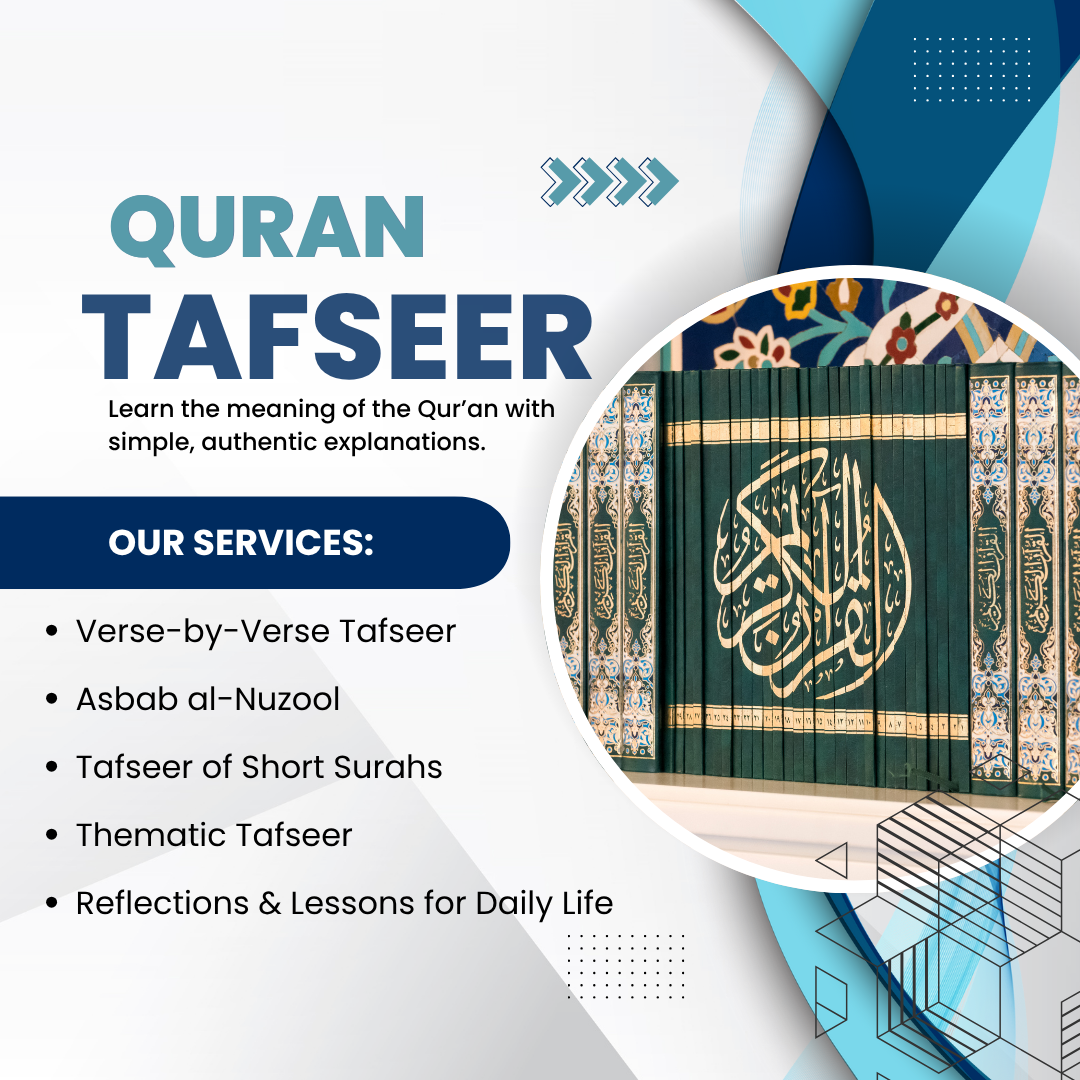 Quran Tafseer course banner showing services like verse-by-verse tafseer, Asbab al-Nuzool, thematic tafseer, and daily life reflections
