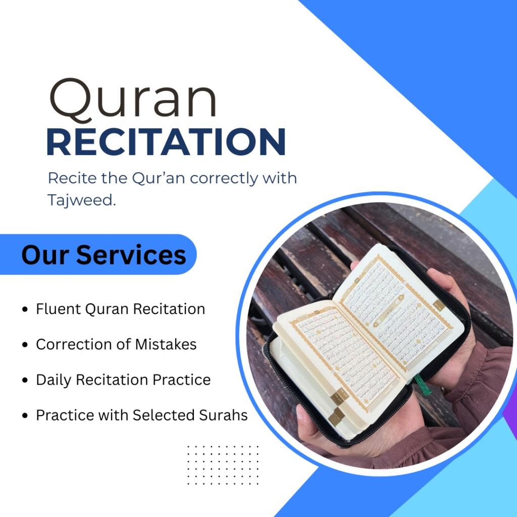 Quran recitation course image showing hands holding a Quran with Tajweed rules for proper recitation practice