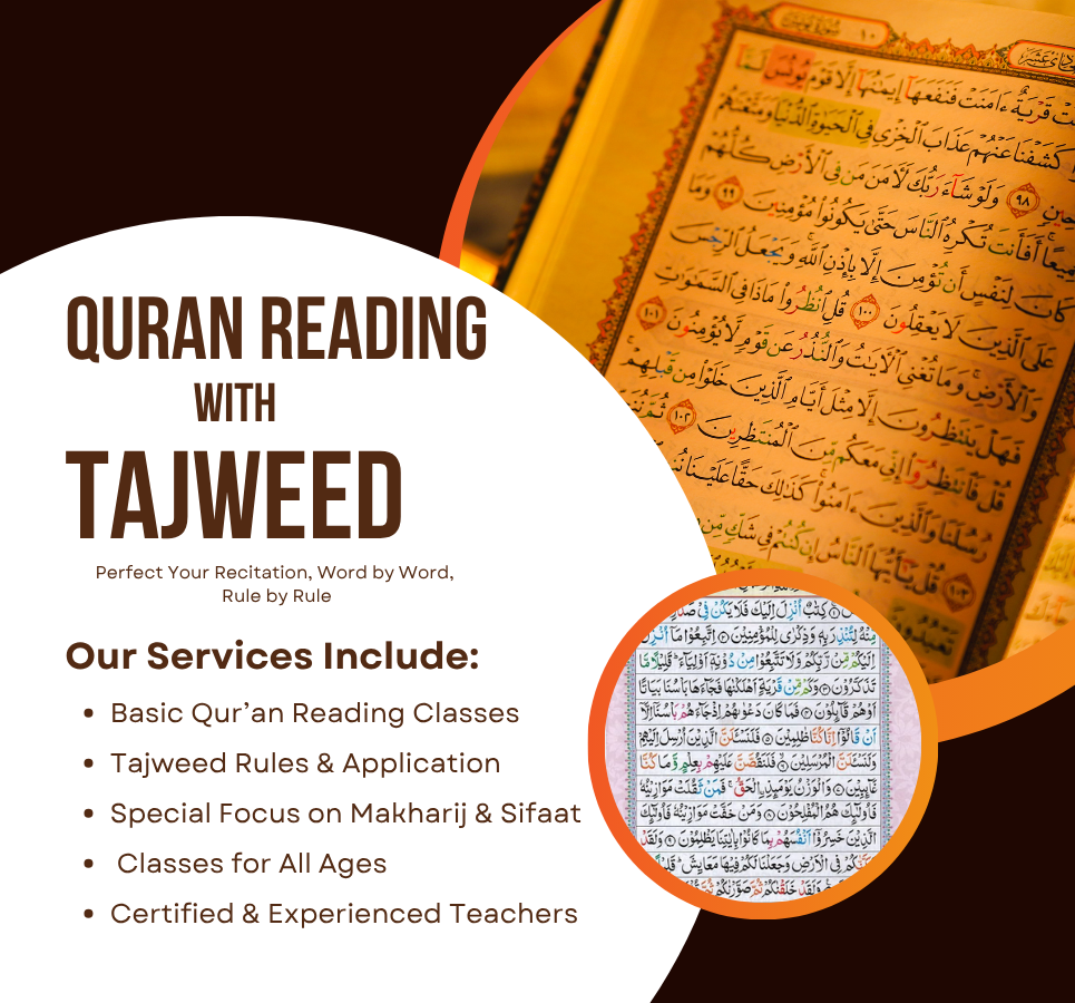 Quran reading with Tajweed course image showing Quran pages used for proper pronunciation and Makharij learning.