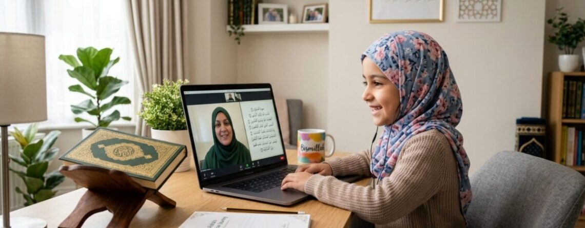 Best Online Quran Classes for Kids girl learn quran online on laptop