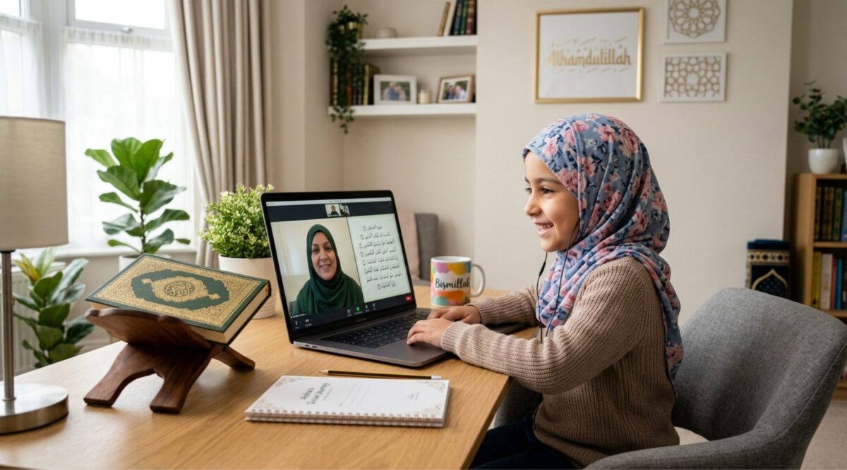 Best Online Quran Classes for Kids girl learn quran online on laptop
