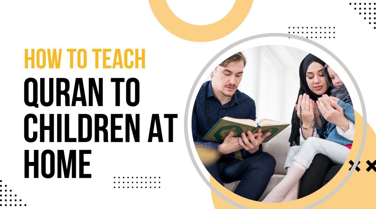 men reading the Quran, his wife prays with her children How to Teach Quran to Children at Home