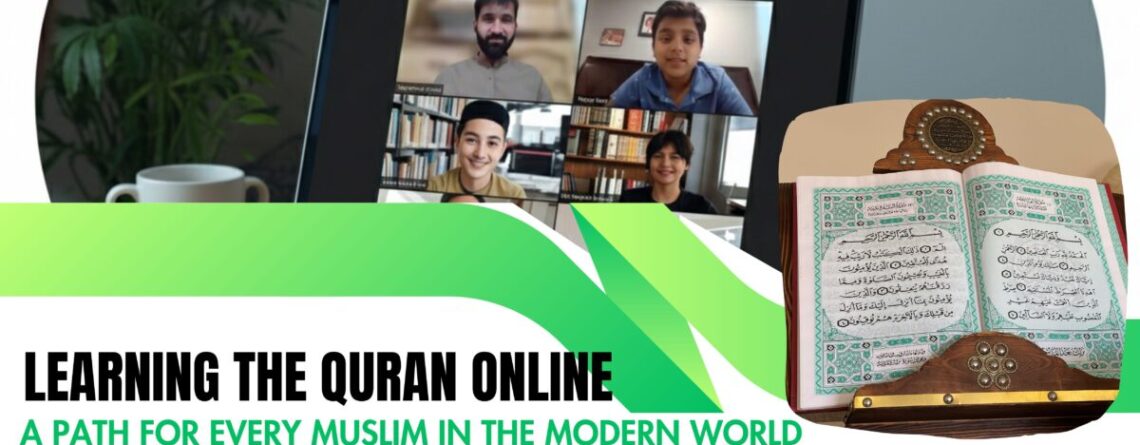 A teacher teaches an online Quran to his students on laptop