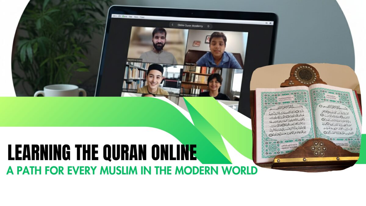 A teacher teaches an online Quran class to his students on laptop