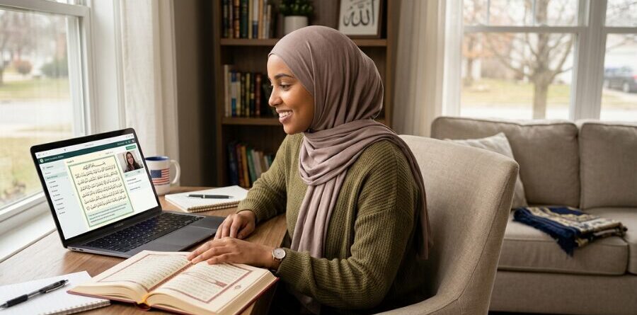 Quran learning Online showing girl learn quran online on laptop